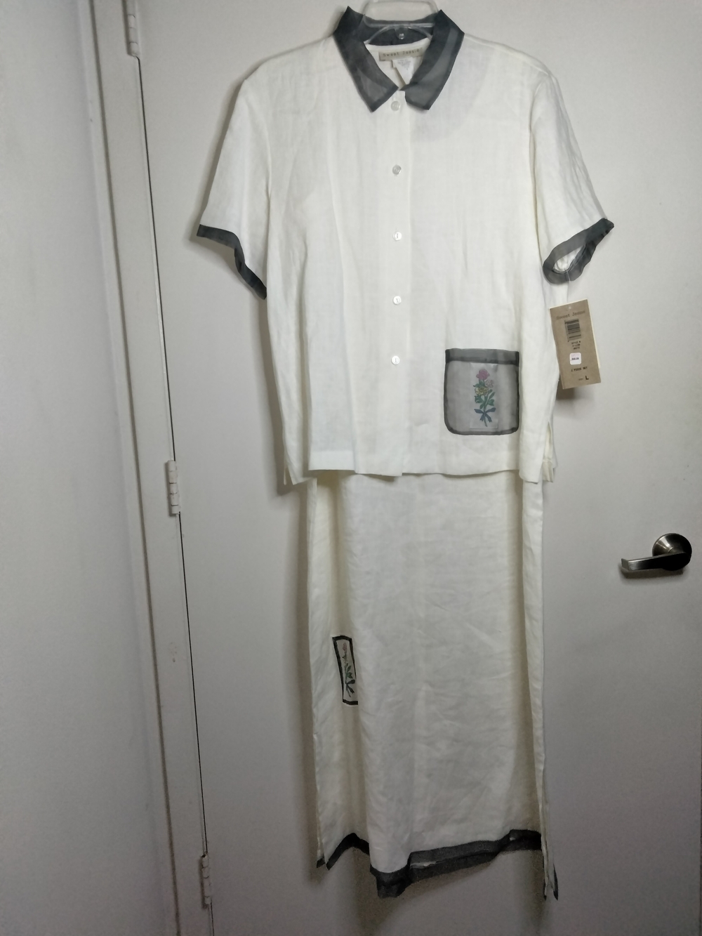 Sweet Jessie (Size L) White Linen Maxi Dress 2PC Set Gray & Mesh Pocket NEW-NWT